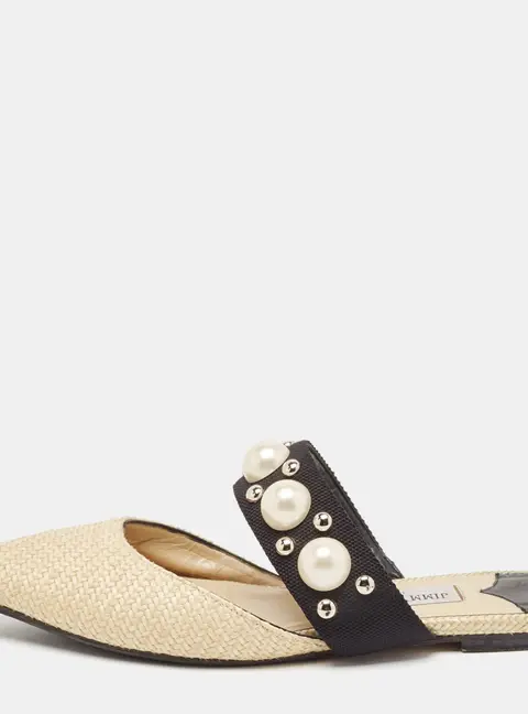 Jimmy Choo Cream/Black Canvas and Raffia Embellished Mules Size 37.5