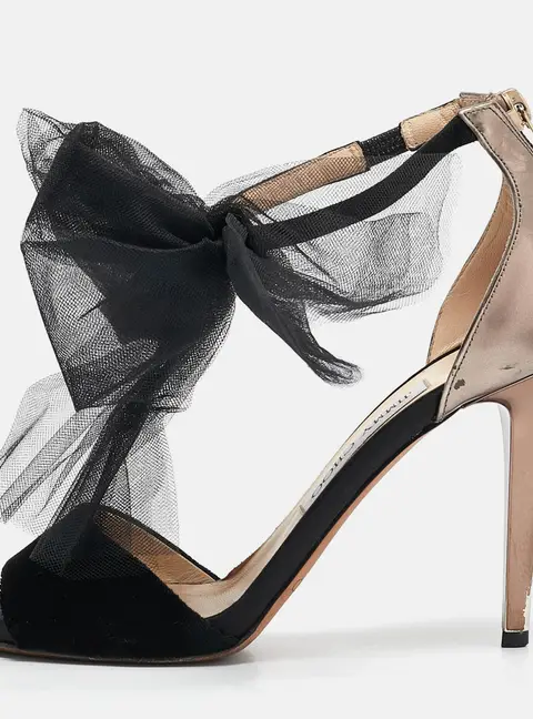 Jimmy Choo Black Leather and Velvet Aveline Ankle Strap Sandals Size 38