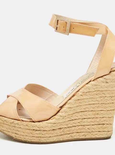 Jimmy Choo Beige Patent Leather Espadrille Platform Wedge Sandals Size 37.5