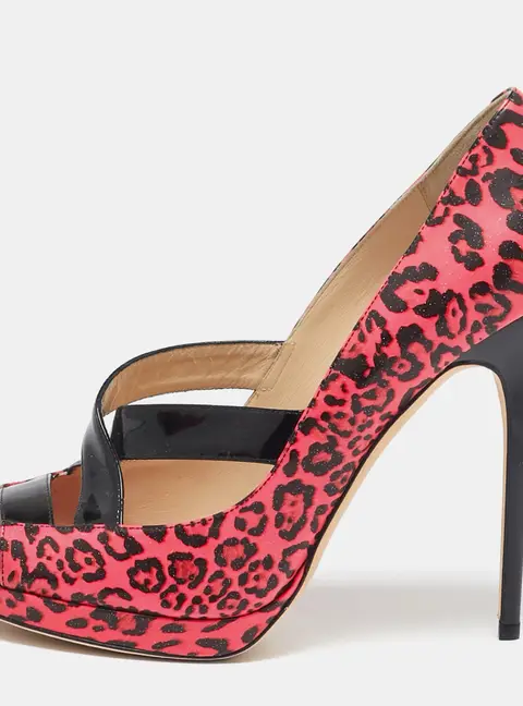 Jimmy Choo Black/Pink Leopard Print Patent Leather Open Toe Pumps Size 40.5