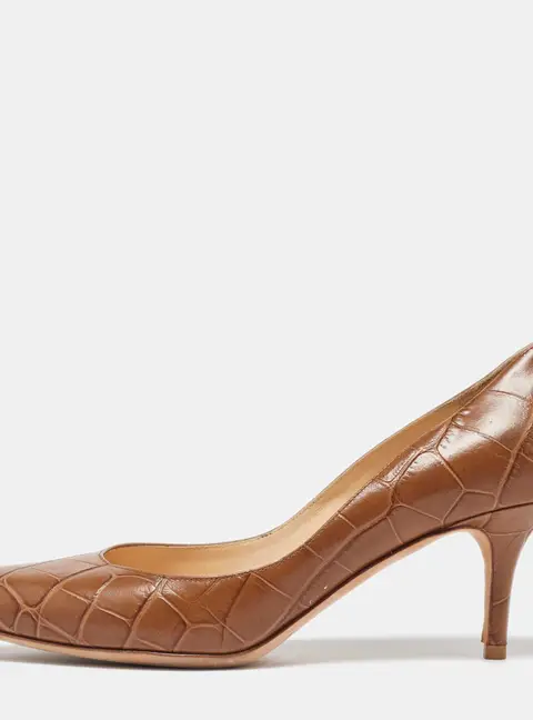 Jimmy Choo Brown Croc Embossed Leather Pumps Size 38.5