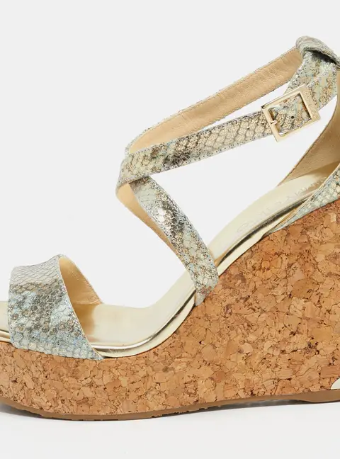 Jimmy Choo Multicolor Python Embossed Leather Lucia Cross Strap Cork Wedge Sandals Size 40