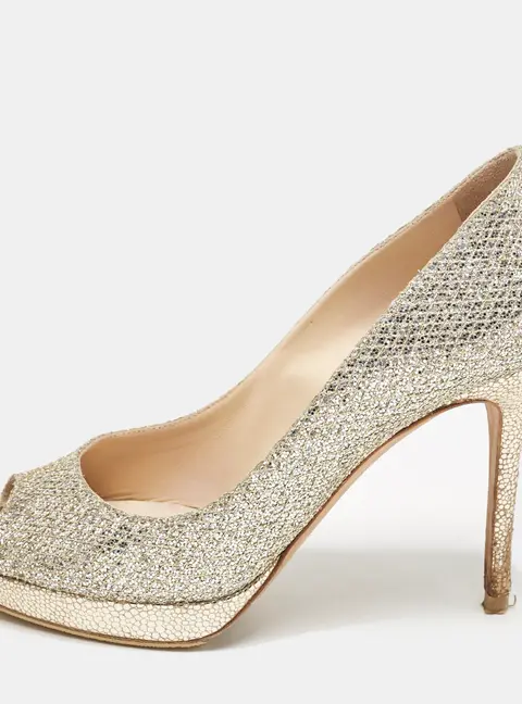 Jimmy Choo Gold Glitter Luna Peep Toe Pumps Size 40