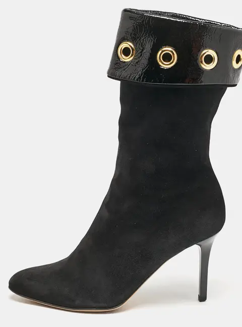 Jimmy Choo Black Patent Leather and Suede Eyelet Mid Calf Boots Size 36