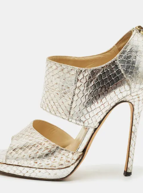 Jimmy Choo Private Size 37.5 Metallic Python Embossed Leather Ankle Strap Sandals