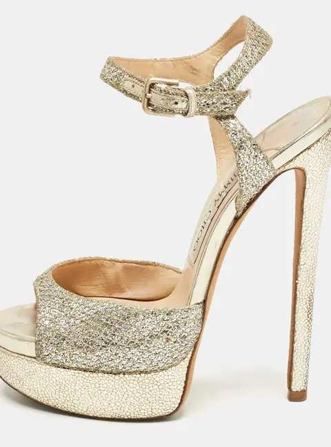 Jimmy Choo Silver Glitter Linda Ankle Strap Sandals Size 36.5