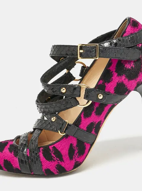 Jimmy Choo Black/Pink Animal Print Calf Hair and Snakeskin Jazz Strappy Pumps Size 37