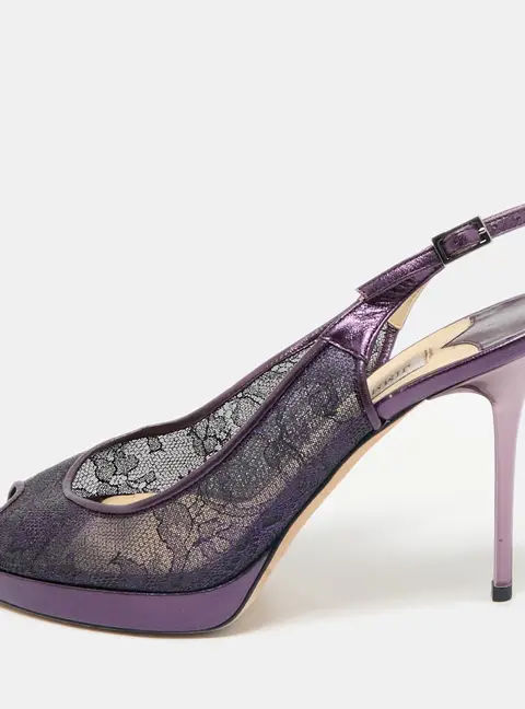 Jimmy Choo Purple Mesh and Leather Peep Toe Platform Slingback Sandals Size 38.5