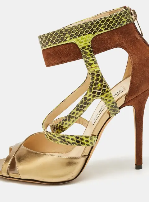 Jimmy Choo Size 39 Multicolor Python Embossed Leather and Suede Ankle Strap Sandals