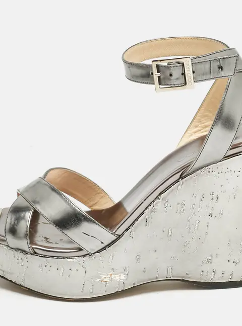 Jimmy Choo Silver Leather Crisscross Strap Wedge Sandals  Size 37.5