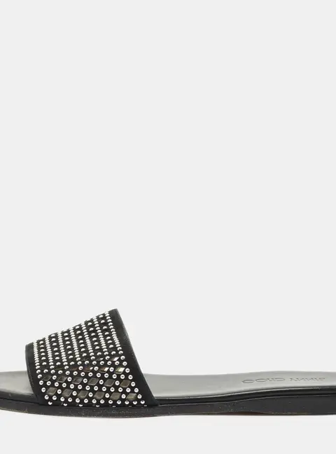 Jimmy Choo Black Leather and Suede Studded Minea Flat Slides Size 41