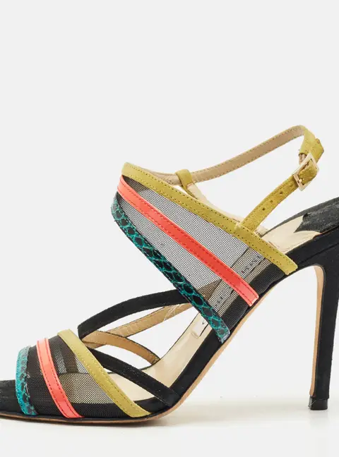 Jimmy Choo Visby Size 36.5 Multicolor Mesh, Patent Leather and Snakeskin Leather Ankle Strap Sandals