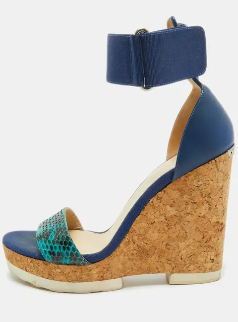 Jimmy Choo Blue Python and Leather Neston Cork Platform Wedge Sandals Size 41