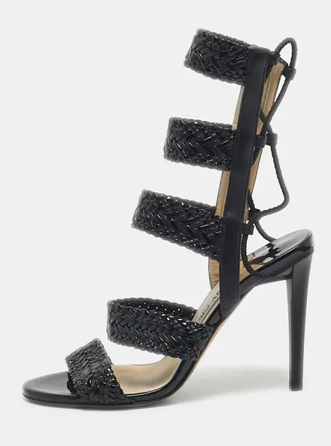 Jimmy Choo Lima Size 37 Black Leather and Patent Leather Gladiator Sandals