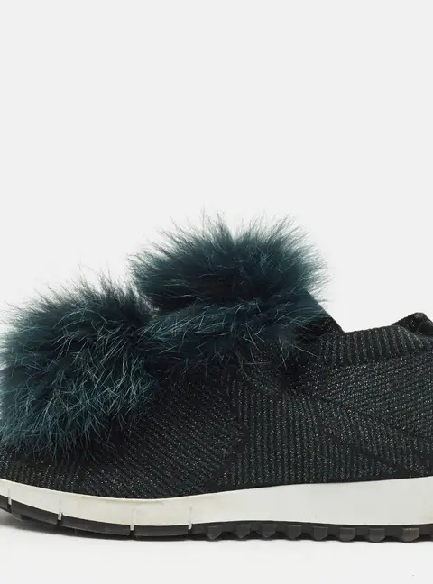 Jimmy Choo Green Knit Fabric and Mink Fur Norway Slip On Sneakers Size 37.5