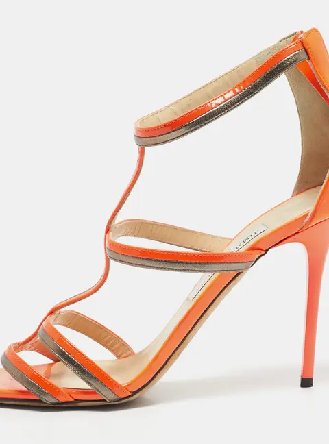 Jimmy Choo Thistle Size 39.5 Orange/Silver Leather and Patent Leather Ankle Strap Sandals