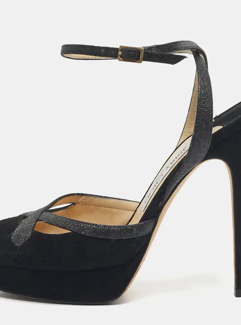 Jimmy Choo Black Glitter and Suede Platform Ankle Wrap Pumps Size 37
