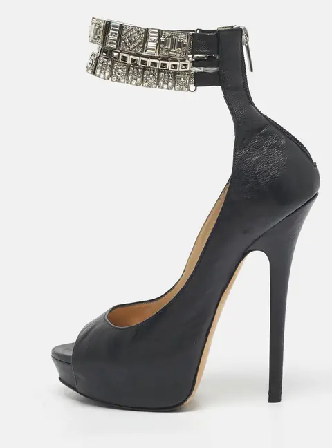 Jimmy Choo Black Leather Crystal Embellished Ankle Cuff Pumps Size 40