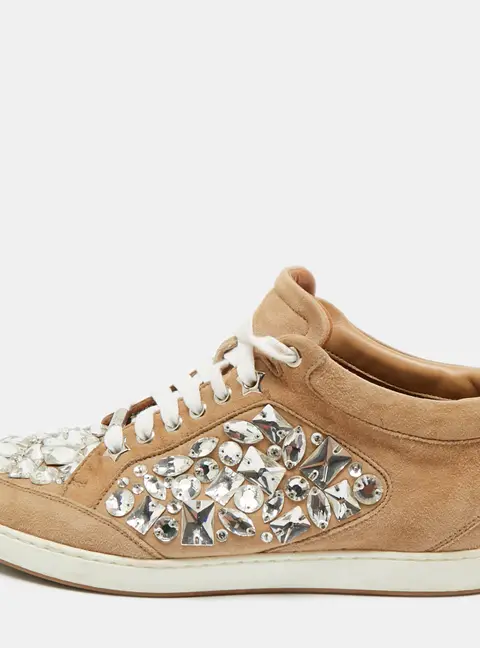 Jimmy Choo Beige Suede Miami Crystal Embellished Low Top Sneakers Size 38