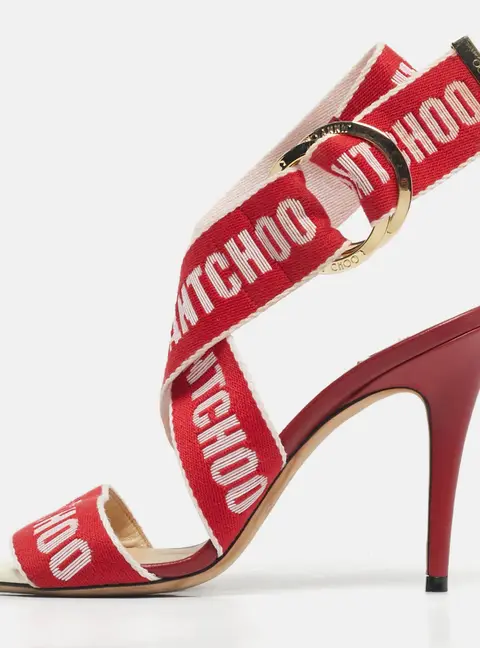 Jimmy Choo Red Canvas Bailey Ankle Wrap Sandals Size 38