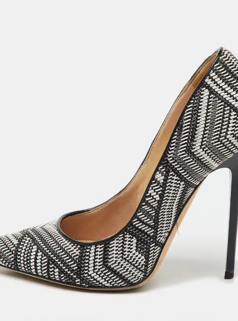 Jimmy Choo Black/White Geometric Print Woven Fabric and Patent Leather Abel Pumps Size 36.5