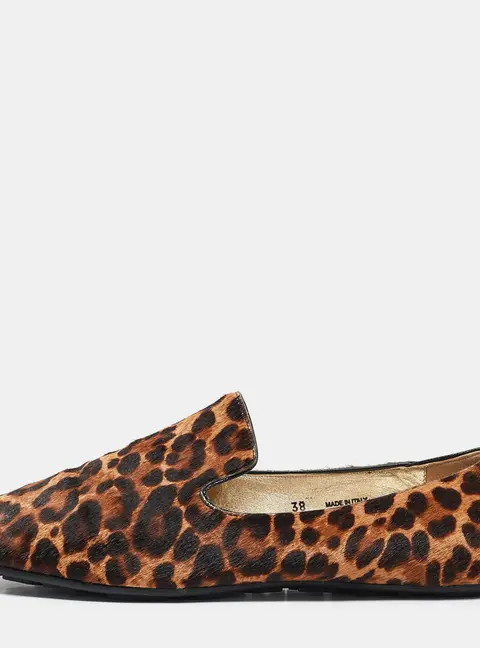 Jimmy Choo Brown Leopard Calf Hair Wheel Smoking Slippers Size 38