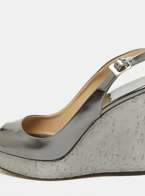 Jimmy Choo Metallic Grey Leather Cork Platform Wedge Slingback Sandals Size 37.5