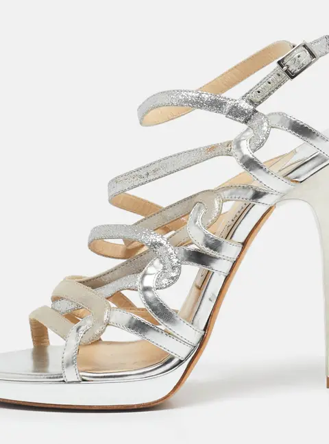 Jimmy Choo Silver Glitter and Leather Lance Ankle Strap Sandals Size 38