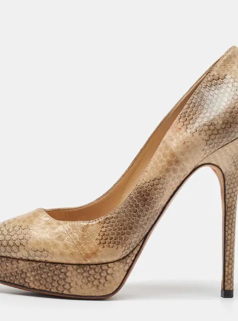 Jimmy Choo Beige/Brown Watersnake Leather Cosmic Volume Platform Pumps Size 38