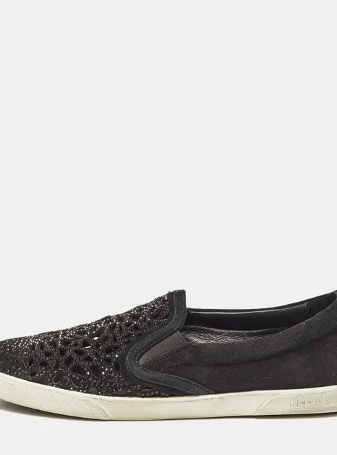Jimmy Choo Black Suede Crystal Embellished Cut-Out Slip On Sneakers Size 36