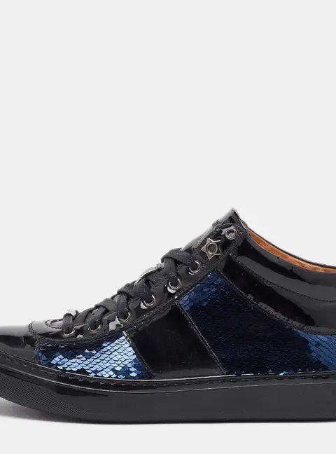 Jimmy Choo Black/Navy Blue Patent Leather and Sequins Low Top Sneakers Size 37