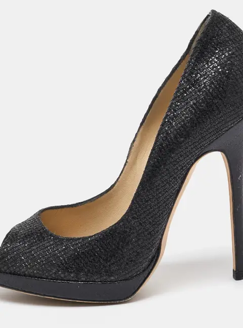 Jimmy Choo Black Glitter Fabric Luna Peep Toe Platform Pumps Size 37