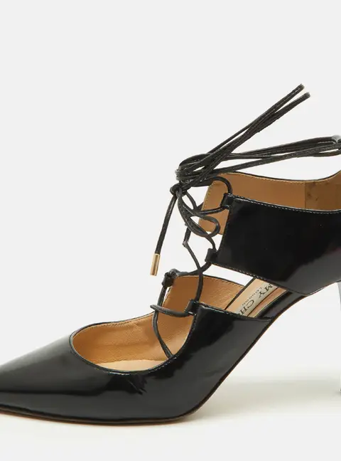 Jimmy Choo Black Patent Leather Hoops Lace Up Pumps Size 38