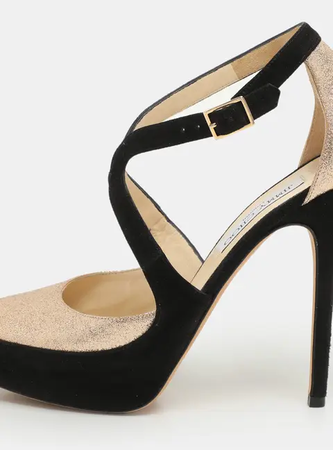 Jimmy Choo Black Suede And Gold Glitter Fabric Round Toe Ankle Strap Platform Pumps Size 38.5