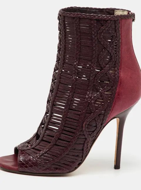 Jimmy Choo Java Size 37.5 Burgundy Leather and Snakeskin Leather Ankle Length Boots