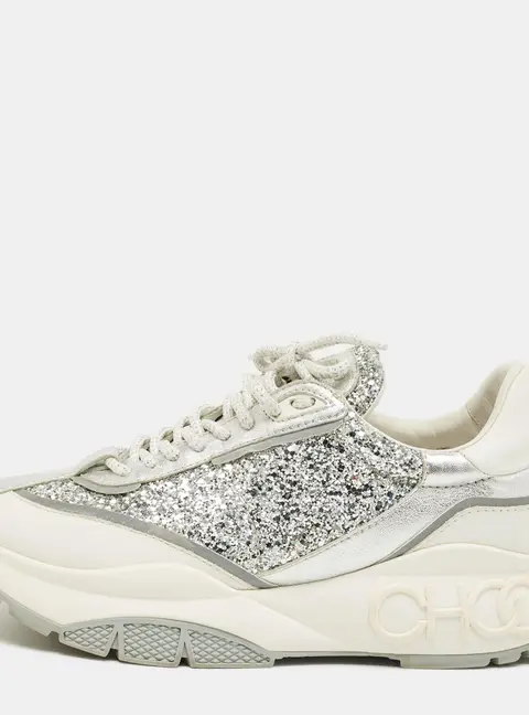 Jimmy Choo Silver Glitter and Leather Raine Lace Up Sneakers Size 41