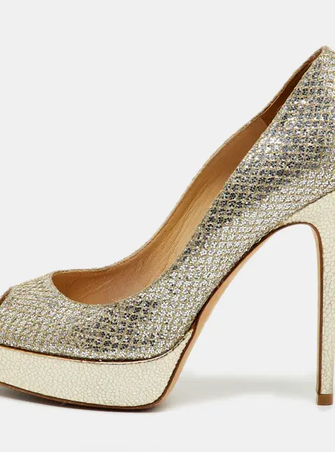 Jimmy Choo Metallic Gold Glitter Luna Peep Toe Platform Pumps Size 38.5