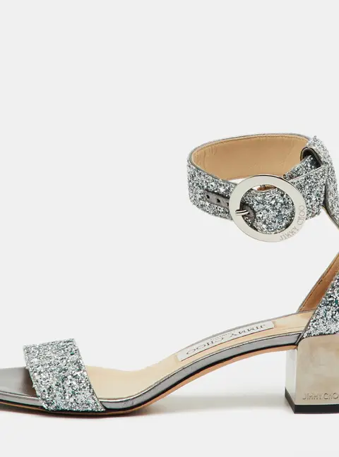 Jimmy Choo Metallic Silver Glitter Bitter Ankle Strap Sandals Size 36