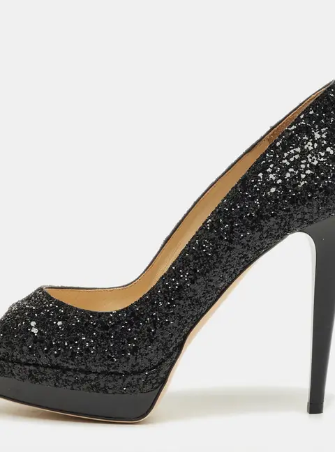 Jimmy Choo Black Glitter Luna Platform Open Toe Pumps Size 40