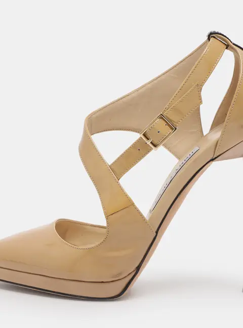 Jimmy Choo Beige Patent Leather Ankle Strap Pumps Size 38