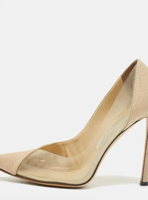 Jimmy Choo Beige Linen and PVC Cass Pointed Toe Pumps Size 37