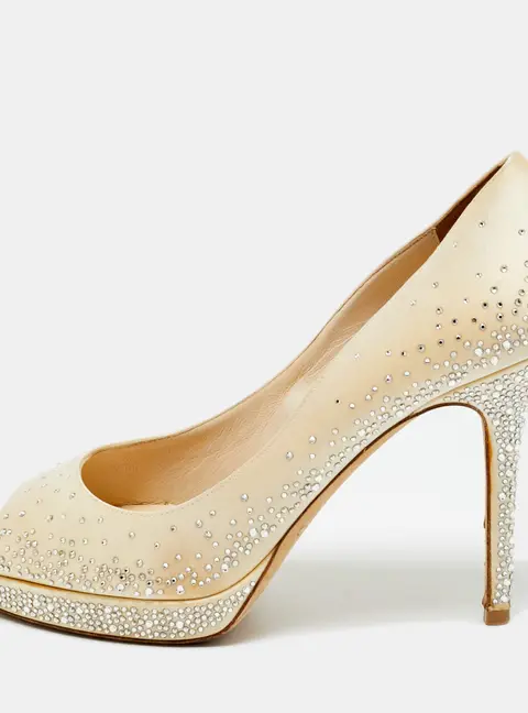 Jimmy Choo Beige Satin Crystal Embellished Peep Toe Pumps Size 40