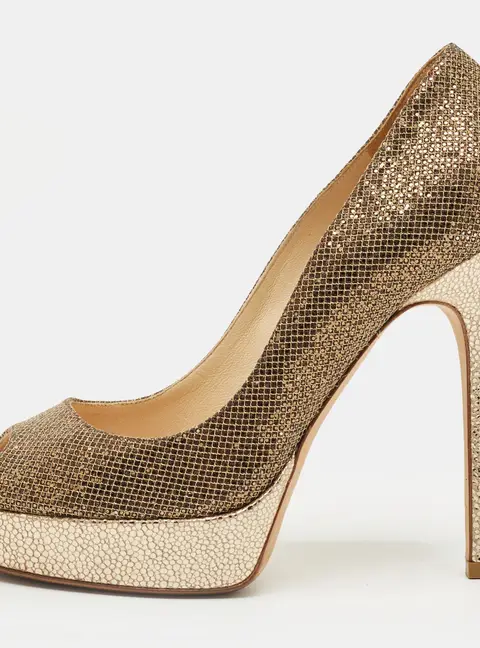 Jimmy Choo Gold Leather and Lurex Fabric Dahlia Platform Peep Toe Pumps Size 36.5