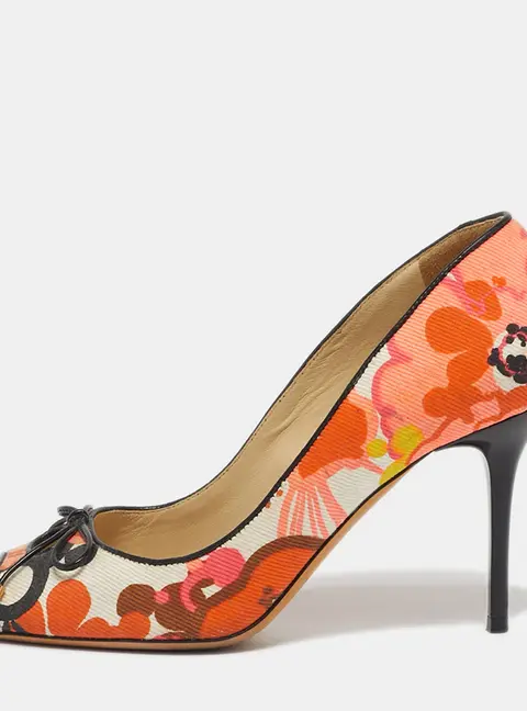 Jimmy Choo Size 36 Multicolor Floral Print Canvas Bow Peep Toe Pumps