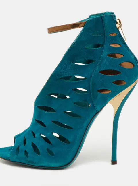 Jimmy Choo Size 37 Teal Blue Cutout Suede Tamber Ankle Strap Booties