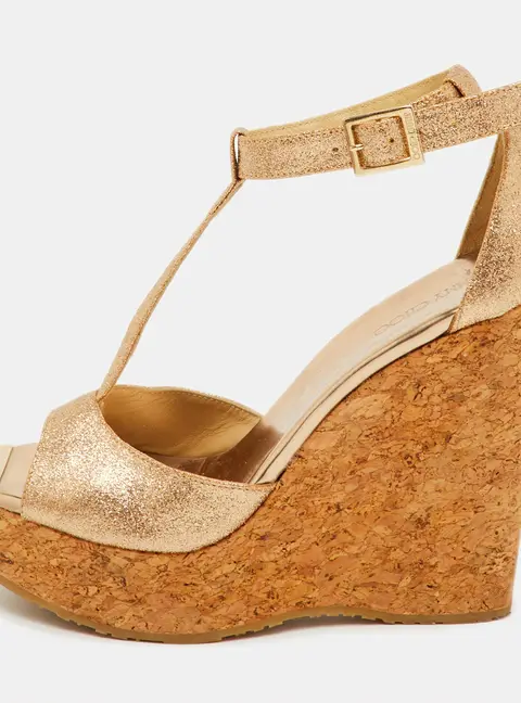 Jimmy Choo Size 39 Metallic Glitter T-Strap Pela Cork Platform Wedge Sandals