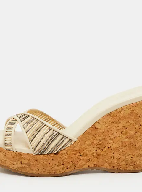 Jimmy Choo Pandora Size 35.5 Off White Mesh and Leather Cork Wedge Sandals