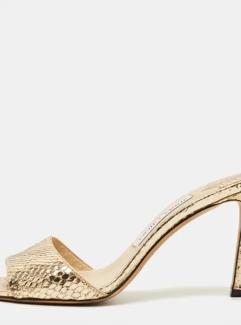 Jimmy Choo Stacey Size 37 Gold Snakeskin Embossed Leather Slide Sandals