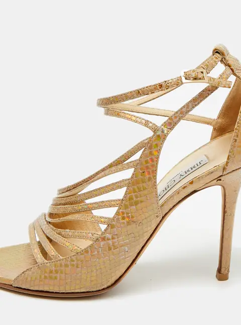 Jimmy Choo Size 39.5 Beige Python Embossed Leather Ankle Strap Sandals