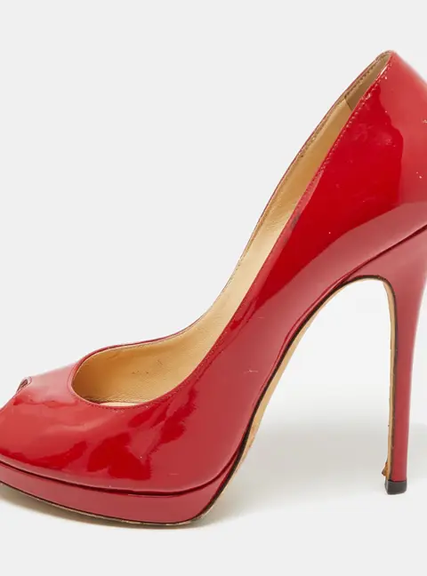 Jimmy Choo Size 39.5 Red Patent Leather Peep Toe Pumps